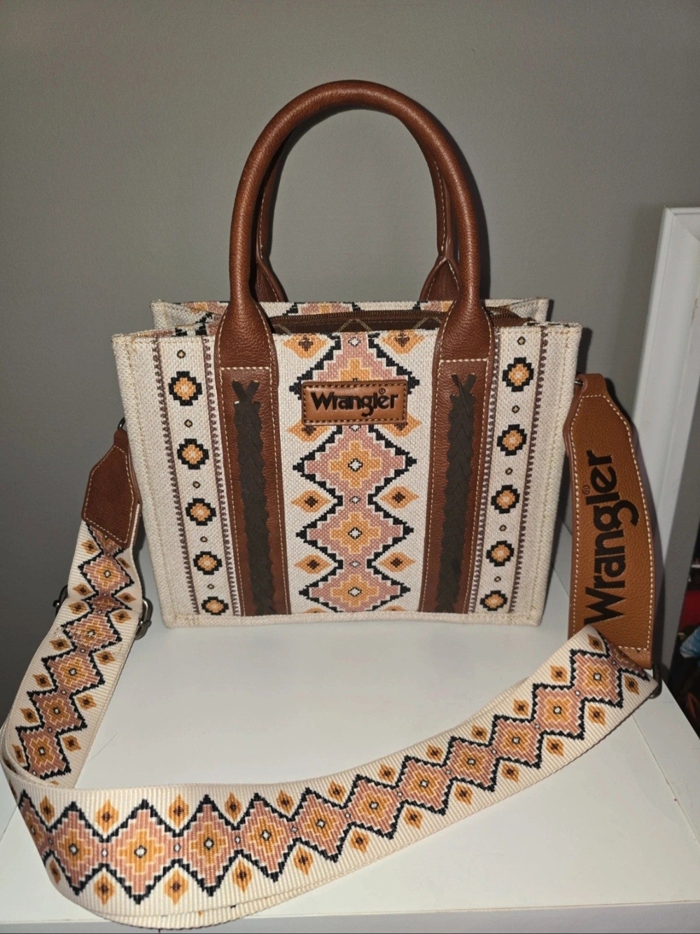 Wrangler Tan & Cream Woven Tote Bag with Patterned Strap